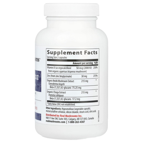 Real Mushrooms, Mushroom D2Z, D2 / бета-глюкан / цинк, 120 капсул
