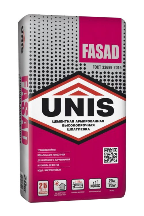 Шпатлевка Unis FASAD цементная высокопрочная белая армированная   20 кг