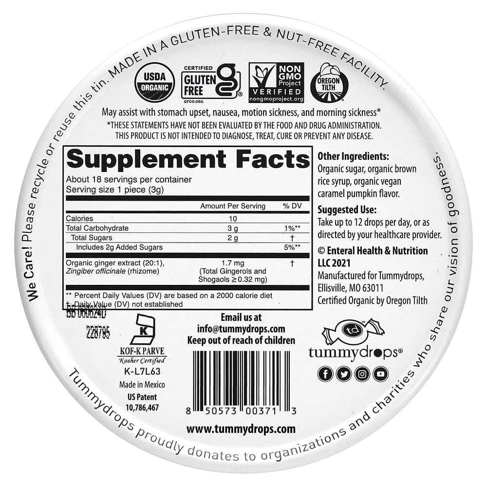 Tummydrops, органическая карамельная приправа, тыква и имбирь, 18 капель