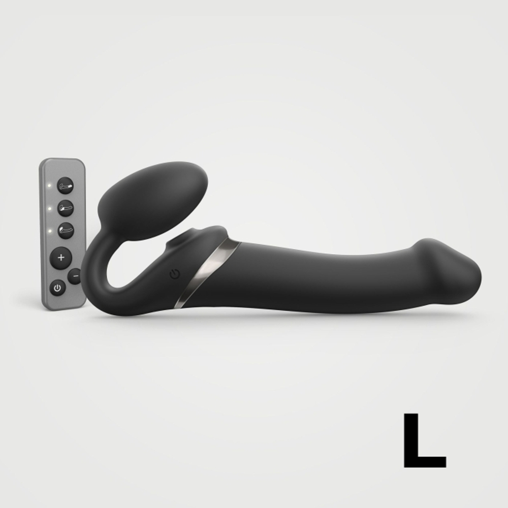Гибкий страпон Strap-on-me MULTI ORGASM с имитацией оральных ласк и вибрацией, черный, L