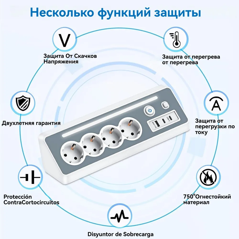 Удлинитель сетевой электрический бытовой с заземлением с выключателем 4 розетки, 1 с USB 2 Type-C, 1.5 м