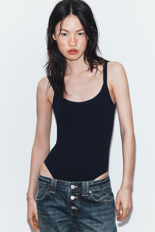 ZARA БОДИ ИЗ ХЛОПКА НА БРЕТЕЛЯХ, МОРСКОЙ СИНИЙ