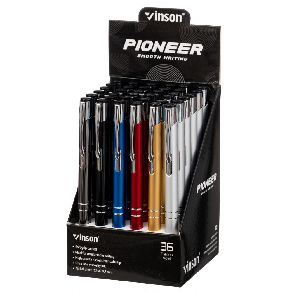 Ручка шариковая, масляная, автоматическая, Vinson, синие чернила, серия "VINSON PIONEER", металлический корпус, 36 шт