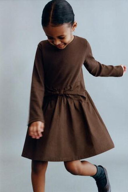 ZARA КОМБИНИРОВАННОЕ ПЛАТЬЕ В РУБЧИК С БАНТОМ, ШОКОЛАДНЫЙ