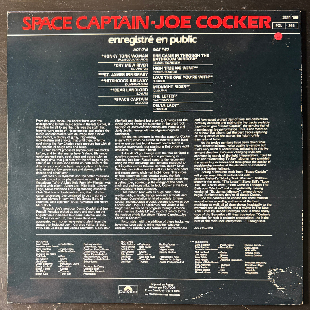 Joe Cocker ‎– Space Captain - Joe Cocker Enregistré En Public (Франция 1982г.) Т