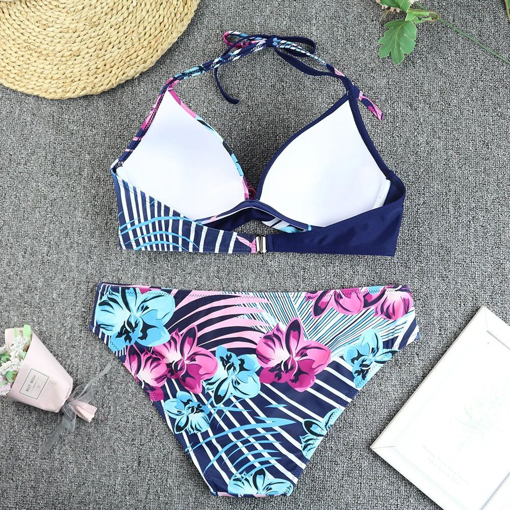 Синий раздельный купальник с принтом в виде орхидей (Размер: XXXL) (Цвет: разноцветный)