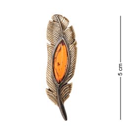 AM- 939 Брошь «Перышко» (латунь, янтарь)