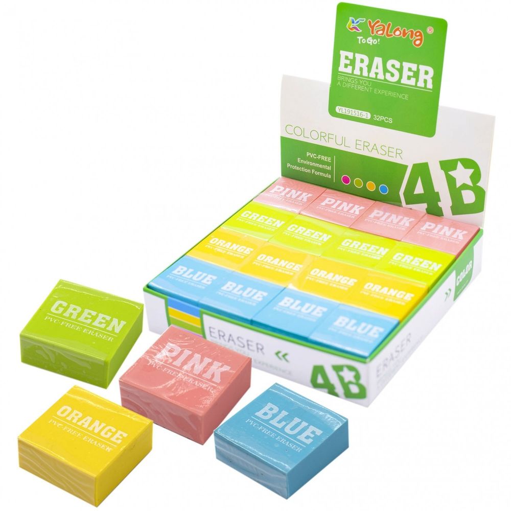 Ластик Yalong "Веселые цвета", синтетический каучук, прямоугольный, цвет ассорти, 30х30х13 мм, картонная упаковка