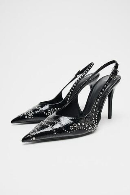 ZARA ТУФЛИ НА КАБЛУКЕ С ЗАКЛЕПКАМИ, ЧЕРНЫЙ