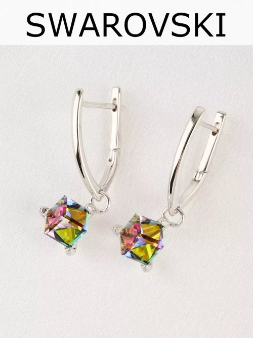 Серьги-подвески Миражи с зеленым кубиком Swarovski