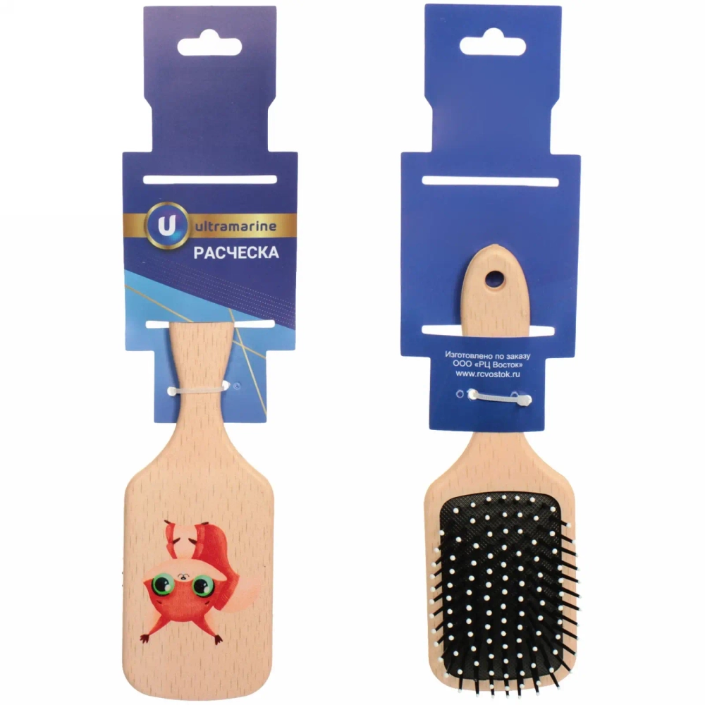 Расческа массажная деревянная «KaSkada - Лисичка», форма прямоугольная, 17,7*5,8см (блистер Ultramarine)