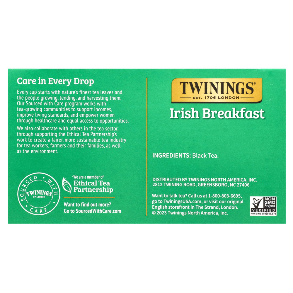 Twinings, Чистый черный чай, ирландский завтрак, 50 чайных пакетиков, 100 г (3,53 унции)