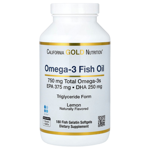 California Gold Nutrition, норвежский рыбий жир с омега 3, с ЭПК и ДГК, натуральный лимонный вкус, 180 капсул