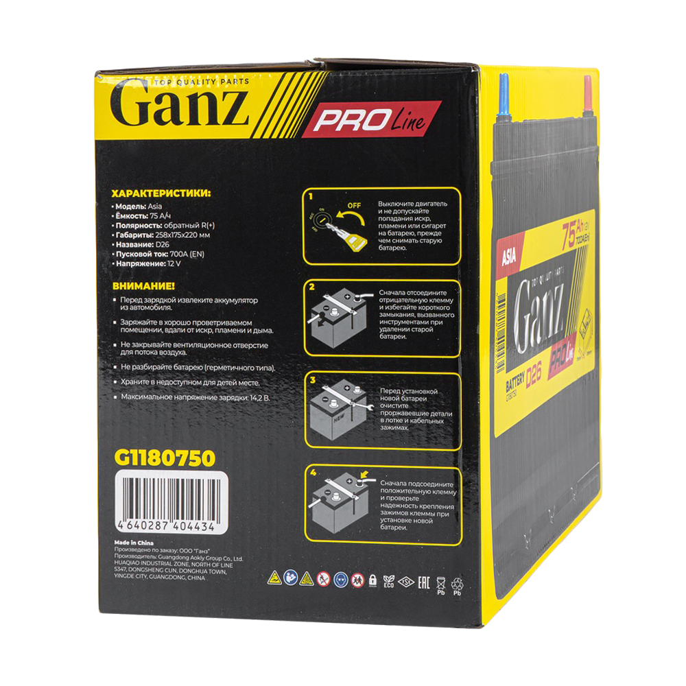 Аккумулятор GANZ PRO-Line JIS 75 А/ч обратный R+ 258x173x220 D26 EN 700 А