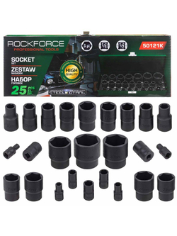 Головки ударные, набор 25пр. 1/4'', 1/2''(6гр.) RockForce RF-50121K