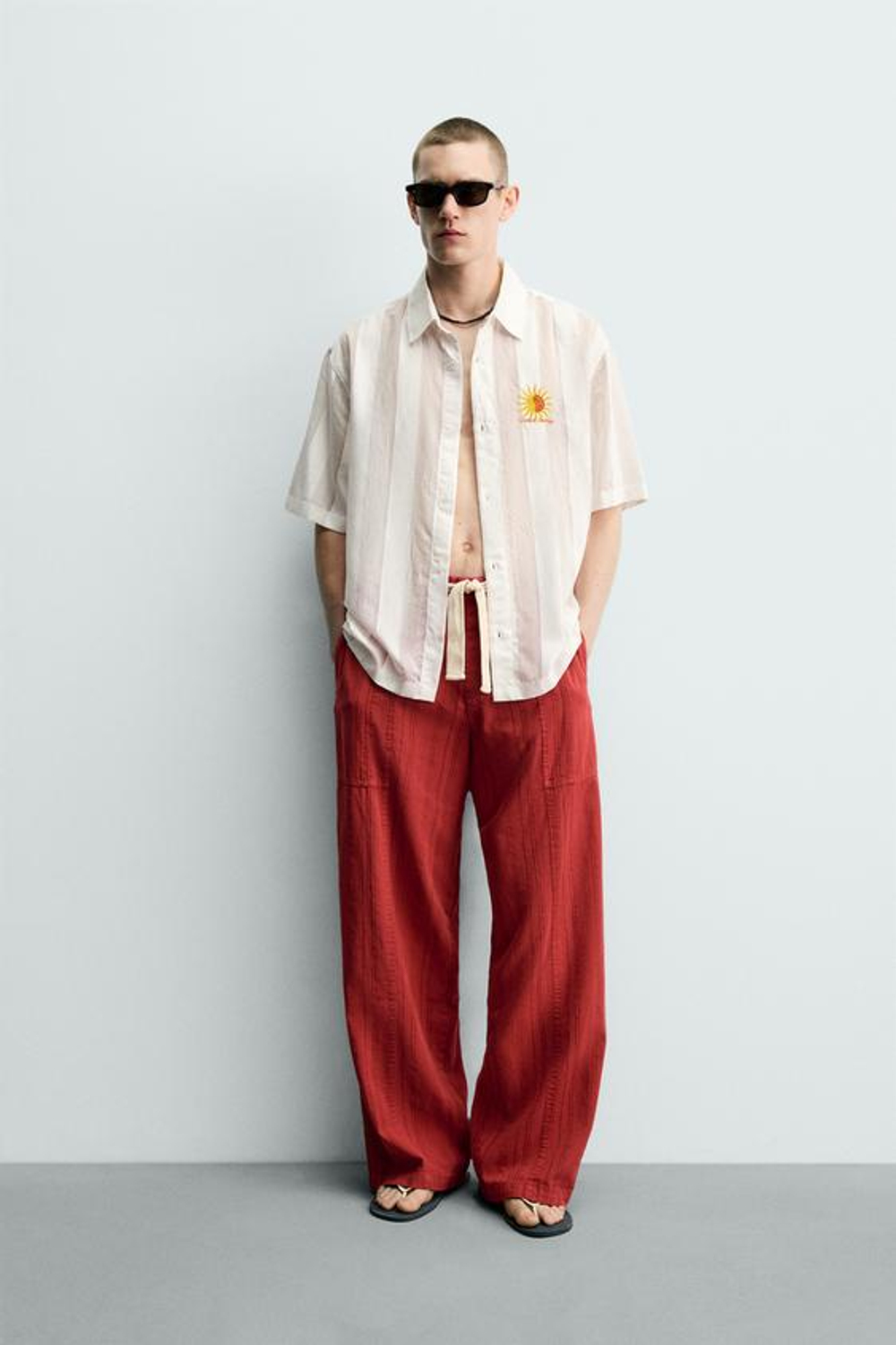 ZARA БРЮКИ RELAXED FIT В ПОЛОСКУ, КРАСНЫЙ