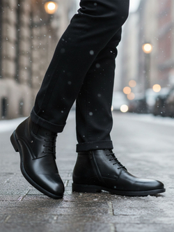 Зимние ботинки из кожи с на ногах брюками