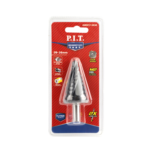 Сверло по металлу ступенчатое P.I.T. ADVANCE ?9-36мм, шаг 10х3мм, 4 спирали, 3 гр.хв. (AMED17-0936)