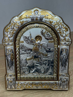 Георгий Победоносец, икона арочная с рамкой под стеклом, красное дерево 266х335