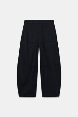 ZARA БРЮКИ BARREL ИЗ ПОПЛИНА, МОРСКОЙ СИНИЙ
