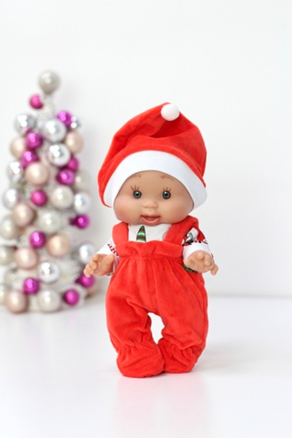 Ванильный пупс Marina&Pau Девочка без волос в новогоднем наряде - 26 см
