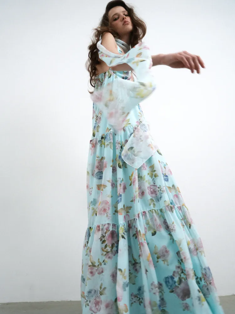 Флёр макси (Fleur maxi), платье макси из голубого шифона с цветочным принтом