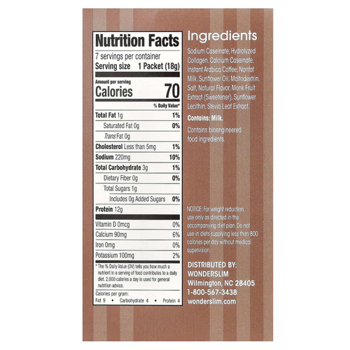 WonderSlim, растворимый протеиновый кофе, оригинальная смесь со сливками, 7 пакетиков по 18 г (0,64 унции)