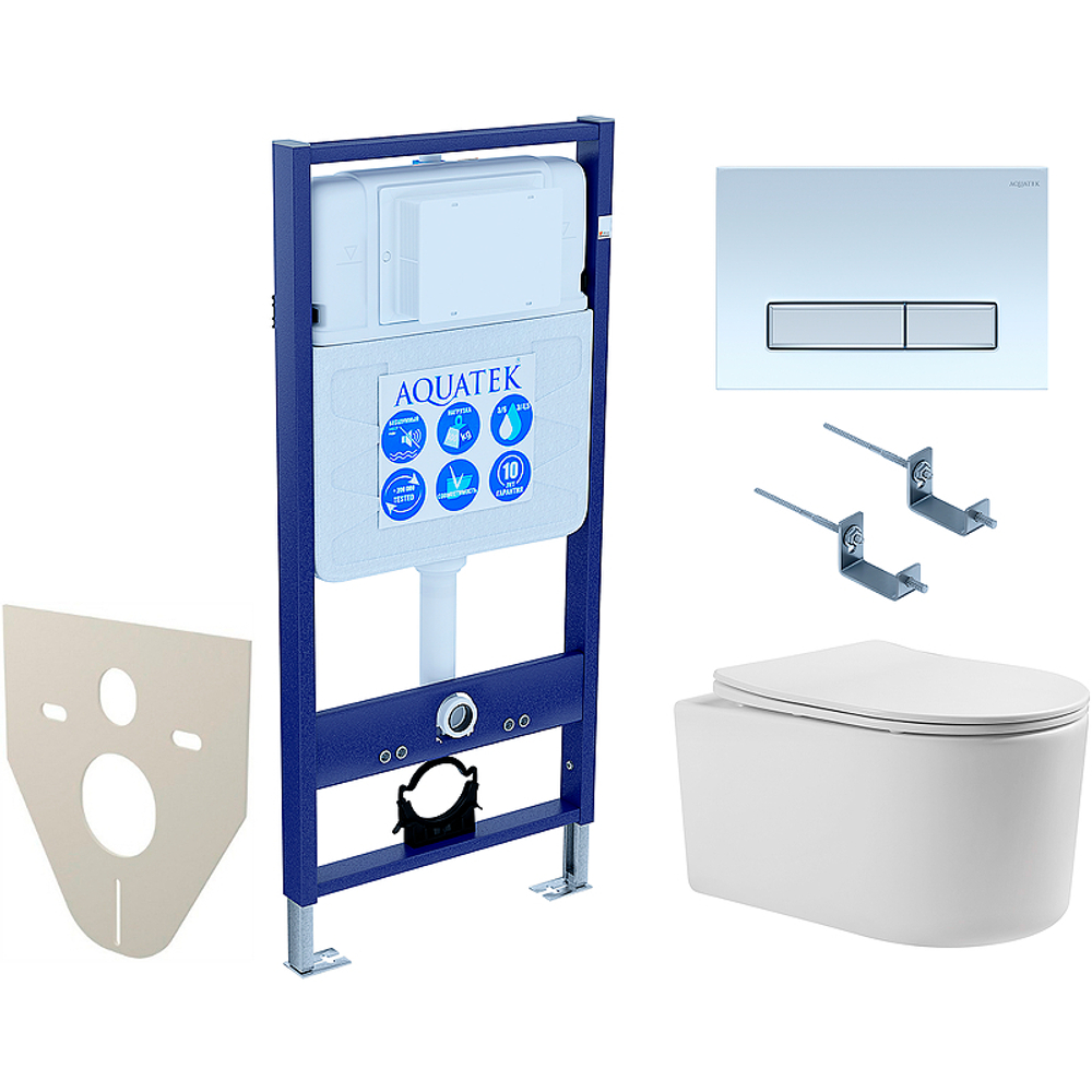 Комплект унитаза с инсталляцией Aquatek Set Aquatek Мия 4в1 с сиденьем Микролифт и клавишей смыва Белый глянцевый Никель