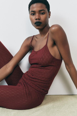 ZARA ТРИКОТАЖНЫЙ ТОП КРУПНОЙ ВЯЗКИ НА БРЕТЕЛЯХ, ГРАНАТОВЫЙ