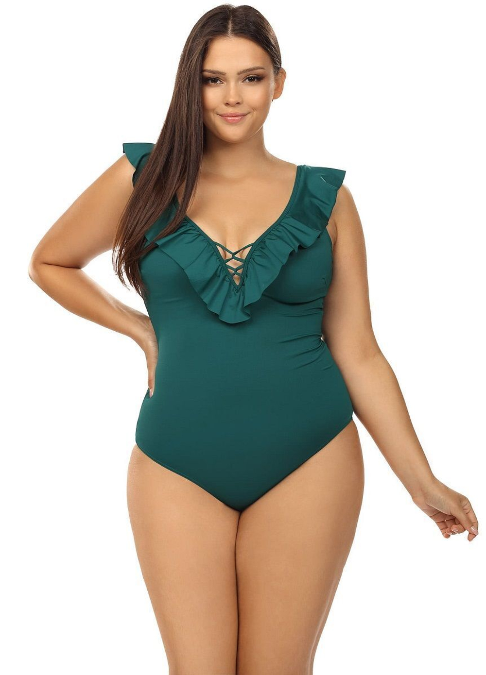 Совместный купальник с романтичными оборками (Размер: 85/42) (Цвет: изумрудный)