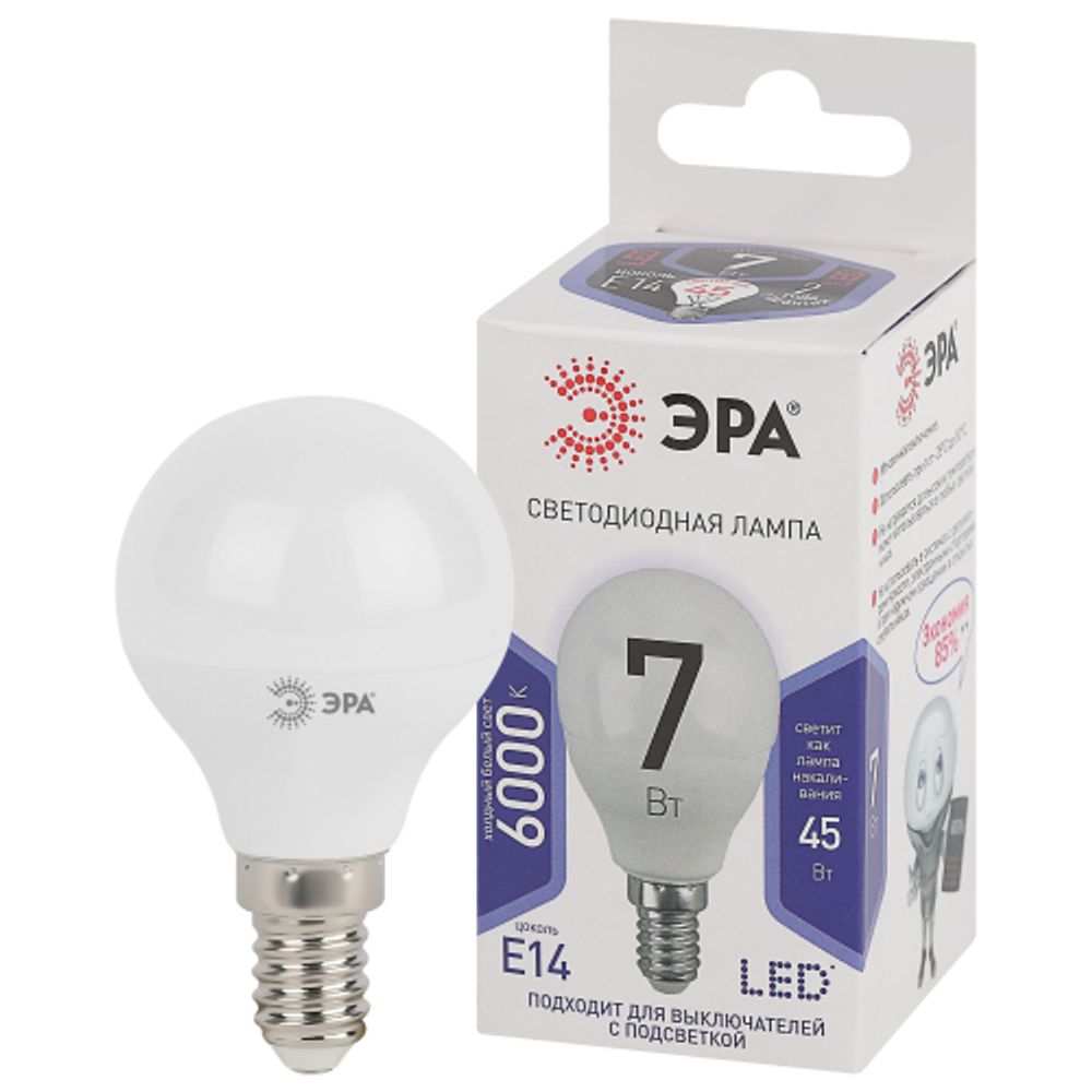 Лампа светодиодная ЭРА STD LED P45-7W-860-E14 7Вт шар холодный дневной свет Е14 | Лампы cветодиодные Шар (G/P)