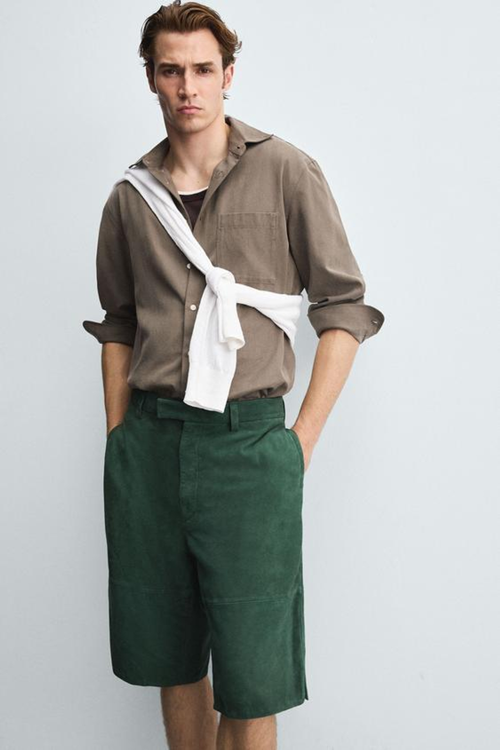 ZARA ШОРТЫ-БЕРМУДЫ ИЗ ЗАМШЕВОЙ КОЖИ RELAXED FIT, ЗЕЛЕНЫЙ