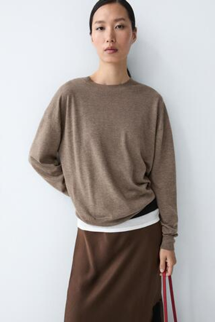 Massimo Dutti Джемпер тонкой вязки из шерсти, кротово-коричневый