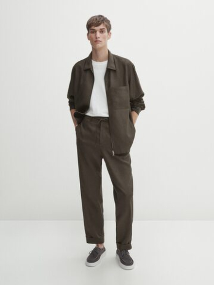 Massimo Dutti Брюки-джоггеры из 100% льна, темно-зеленый