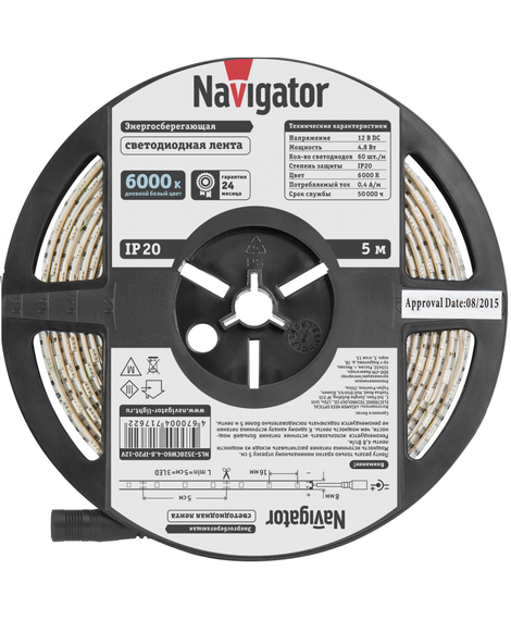 Лента светодиодная Navigator 12V 4,8Вт 6000К IP20 бухта 5м белая 28839