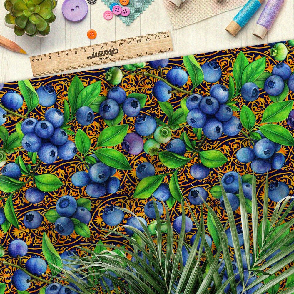 Ткань мембрана спелая черника хохломой на фоне