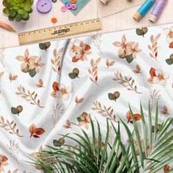 Ткань штапель акварельные цветы и листья на бежевом фоне