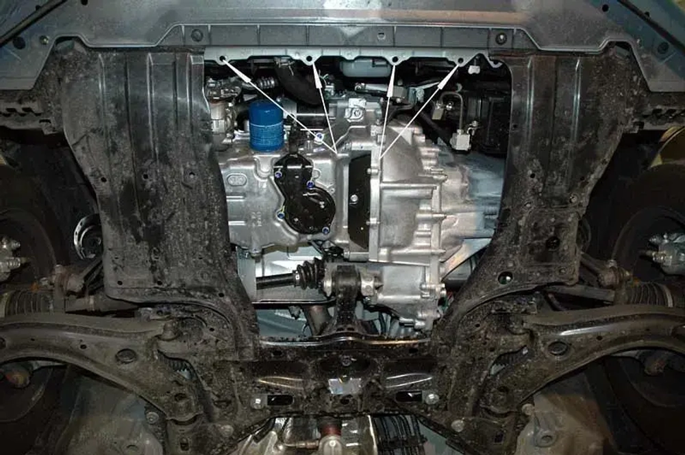 Защита картера двигателя, КПП (2 мм, сталь) для Honda Jazz 2007-2013 (V - 1.2; 1.4), Honda Insight 2009-2014 (V - 1.2; 1.4), Honda Freed 2008-2016 (V - 1.2; 1.4), Honda Fit 2007-2013 (V - 1.2; 1.4) Sheriff.09.1652