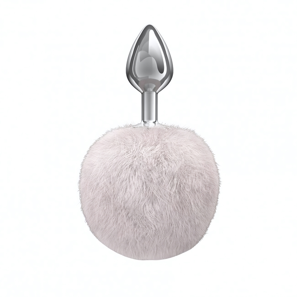 Серебряная металлическая пробка с белым хвостиком (Цвет: серебряный с белым)