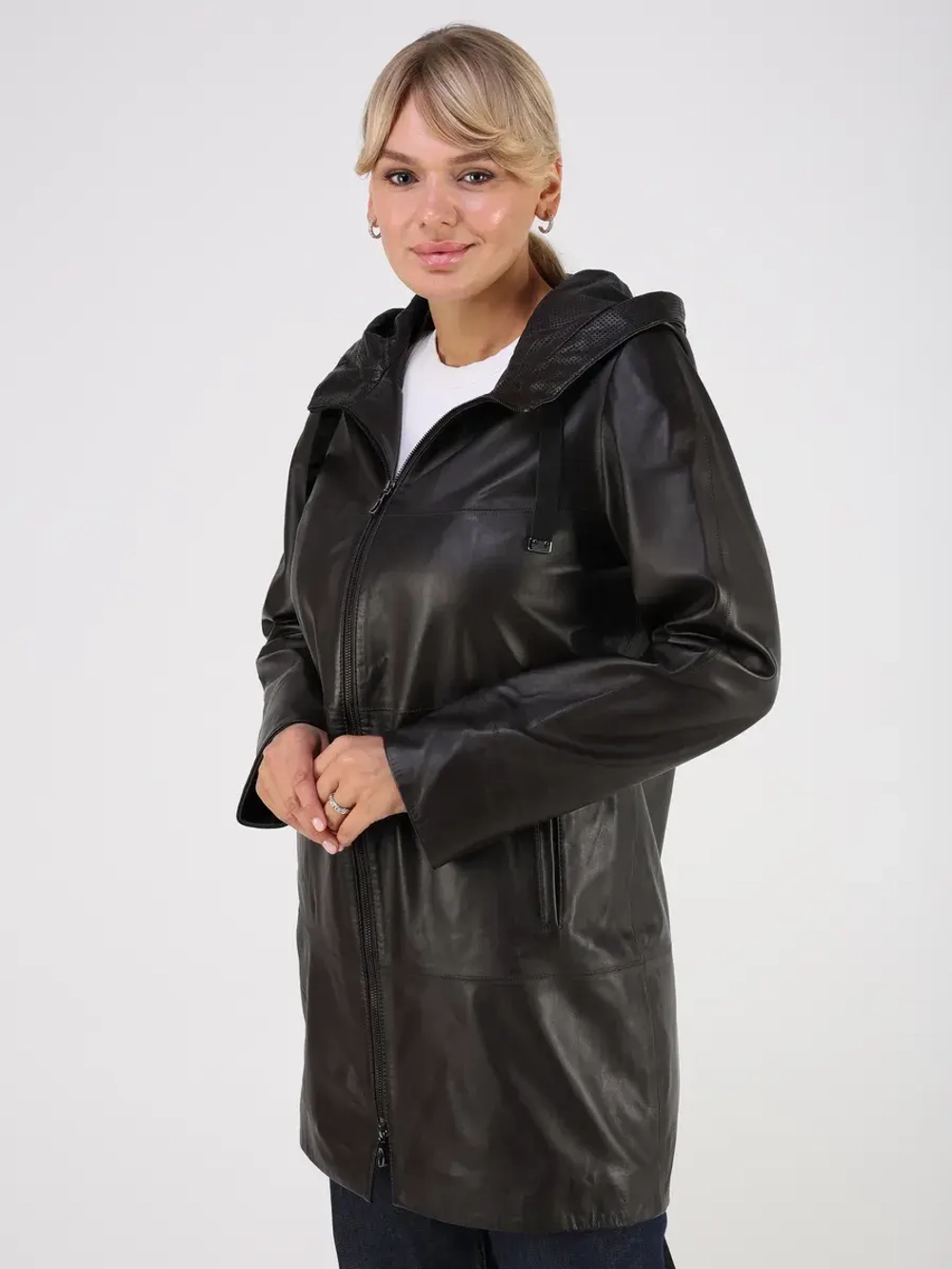 Кожаная куртка демисезонная с капюшоном длинная