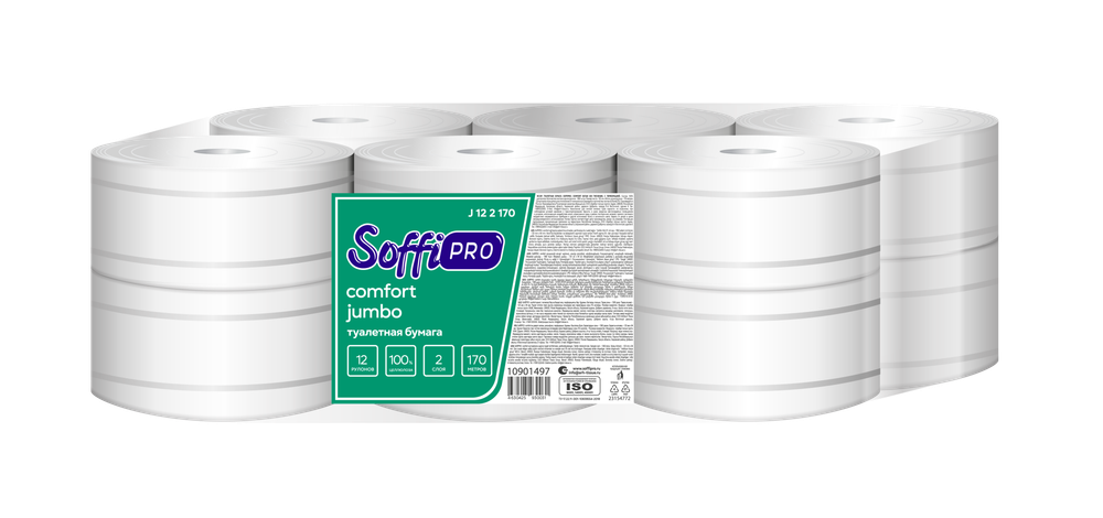 Туалетная бумага Soffipro Двухслойная, белая, без тиснения, с перфорацией, 170 метров, 12 рулонов, Артикул 10901497, 100% целлюлоза, 2 слоя.