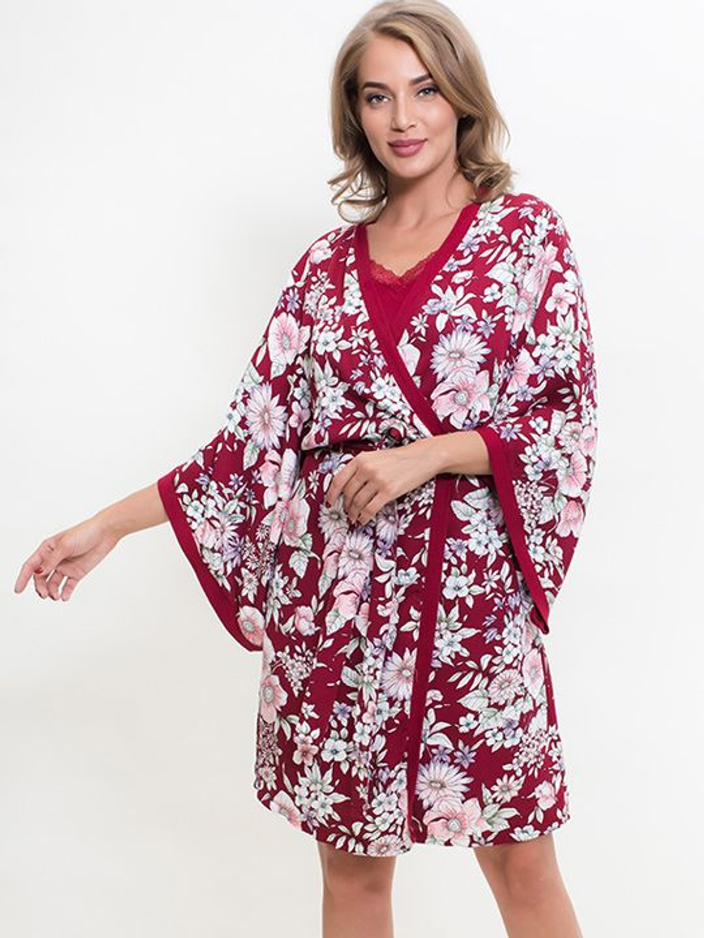 Эффектный комплект: халатик в цветочек и сорочка (Размер: S) (Цвет: бордовый)