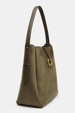 ZARA БОЛЬШАЯ СУМКА-МЕШОК С МЕТАЛЛИЧЕСКИМ КОЛЬЦОМ, ЗЕЛЕНЫЙ