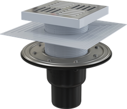 Сливной трап APV4444 150 × 150/50/75, подводка – прямая, решетка – нержав. сталь, фланец –нержав.