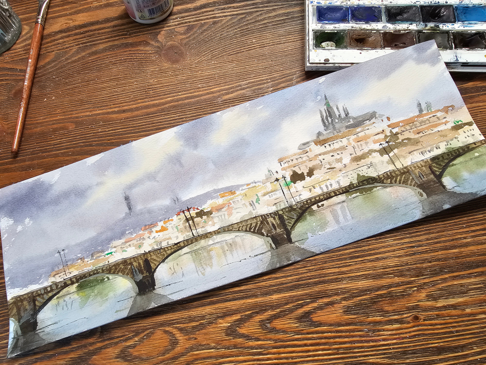 Картина авторская акварельная в раме 20х50 см на стену для интерьера "Вышеград"