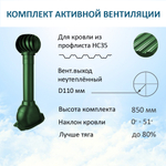Комплект активной вентиляции: Вентиляционный выход D110 не утепленный высота H=500 мм, проходной элемент PROF-35 для металлопрофиля кровельного профнастила 35мм, турбодефлектор Ø 110 мм, зеленый