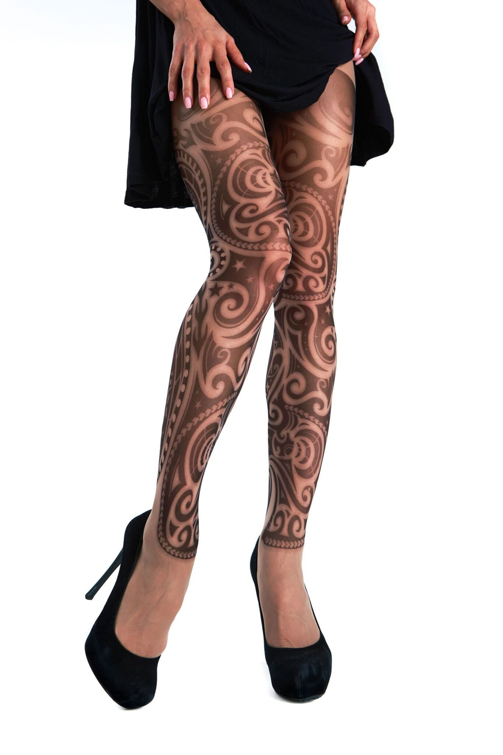 Колготки с имитацией татуировки с завитками (Размер: S-M-L) (Цвет: бежевый)