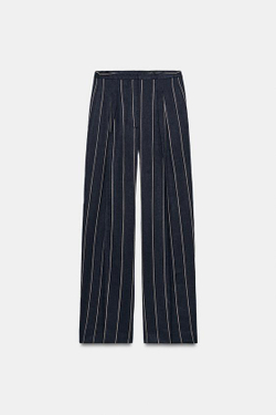 ZARA БРЮКИ В ПОЛОСКУ ИЗ СМЕСОВОГО ЛЬНА — ZW COLLECTION, МОРСКОЙ СИНИЙ