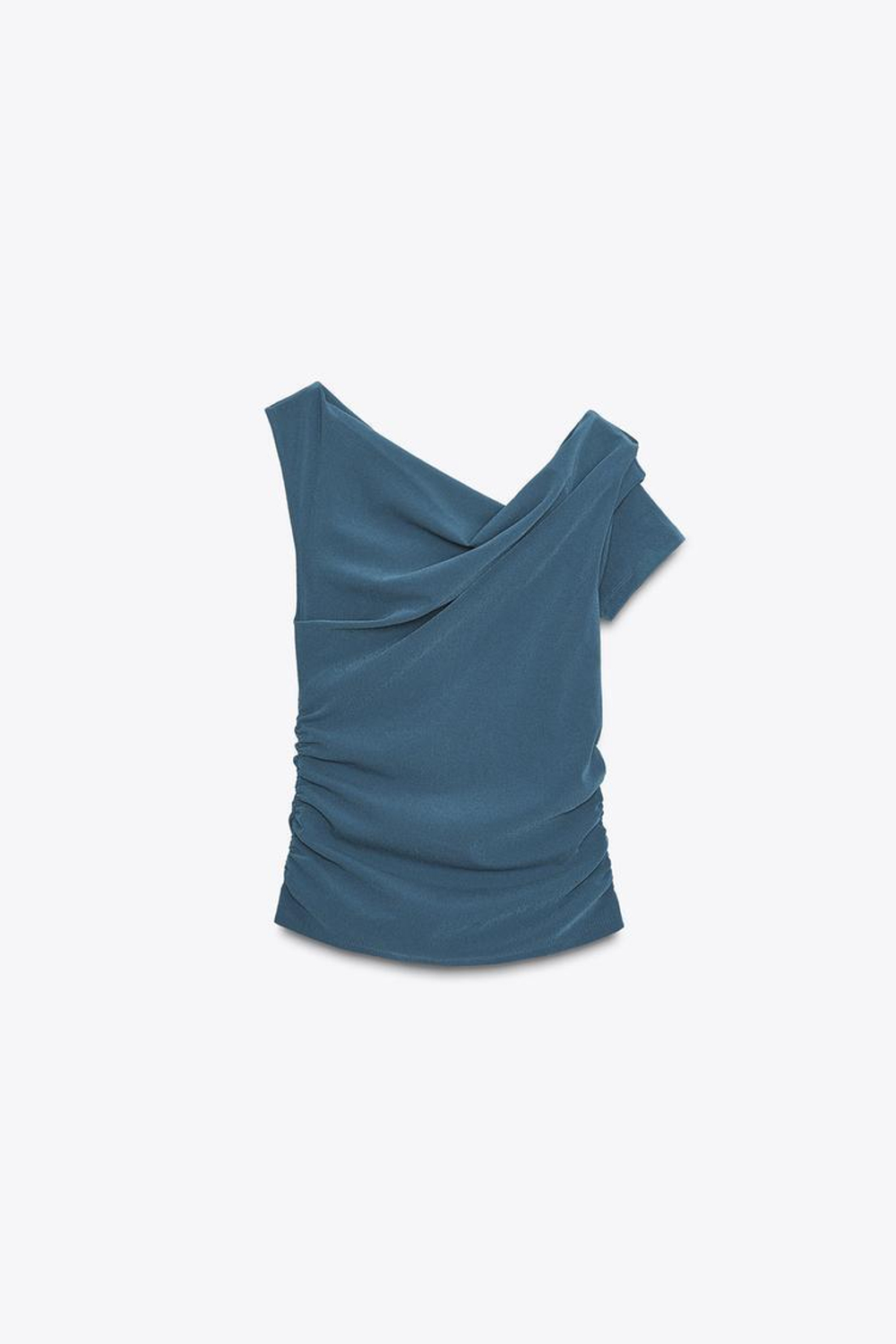 ZARA АСИММЕТРИЧНЫЙ ТОП СО СБОРКАМИ, ВЫЦВЕТШИЙ СИНИЙ