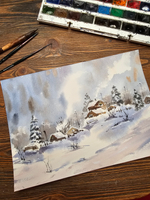Картина авторская акварельная в паспарту 30х40 см на стену для интерьера "Снежная зима"